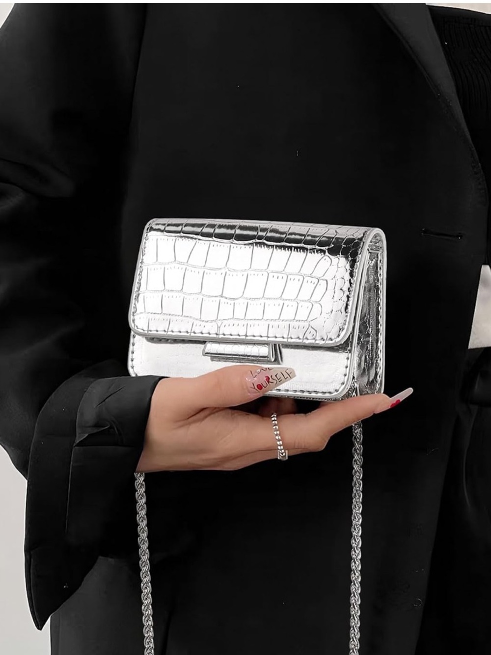Silver Metallic Crocodile Mini Crossbody Bag, Chic Chain Strap Shoulder Bag